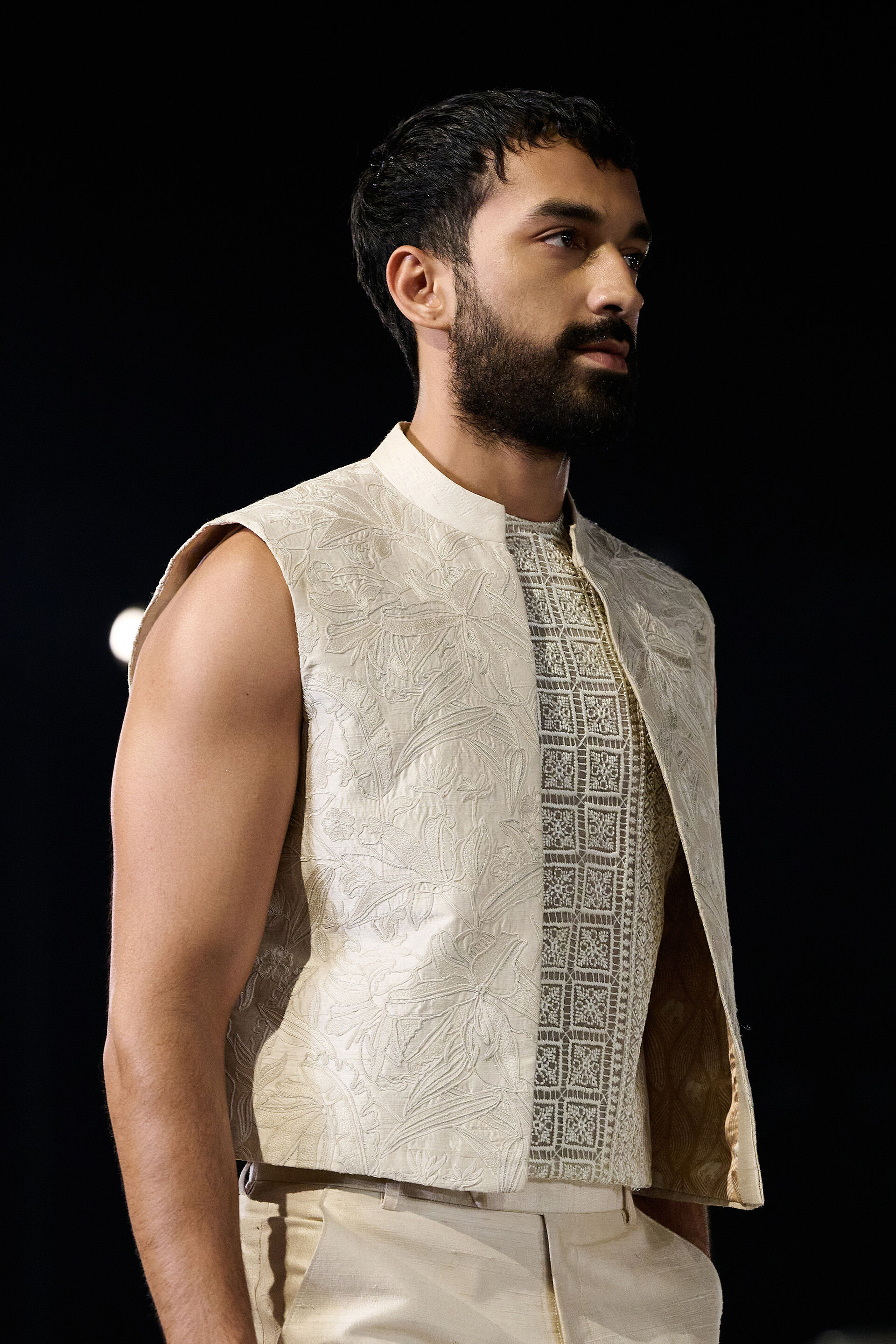 Fintan Embroidered Cord Silk Jacket Set - Ivory